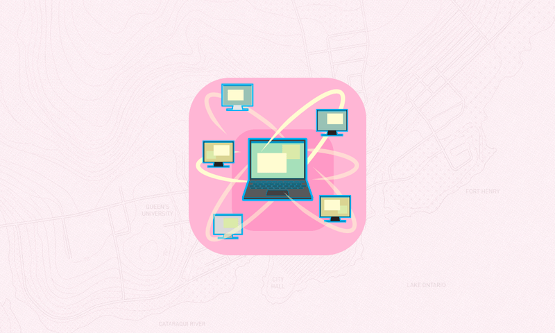 A pink square with illustrated laptops swirling around on top of a map of Kingston, Ont.