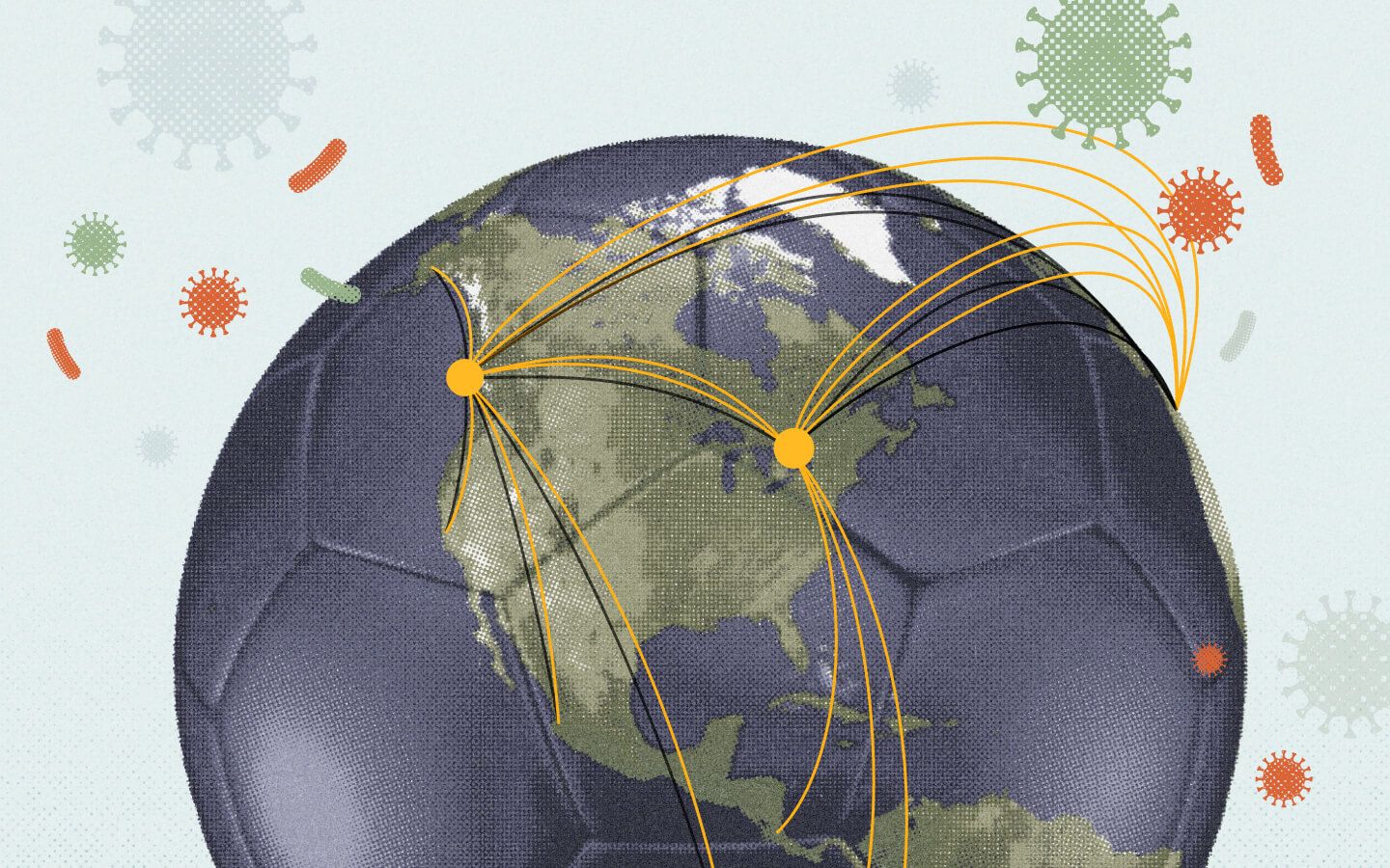 A photo illustration of a soccer ball with the continent of North America on it and flight paths spreading from markers denoting Toronto and Vancouver for a piece on the Canadian AI company Bluedot and how it is using AI to monitor infectious disease threats during the World Cup 2026
