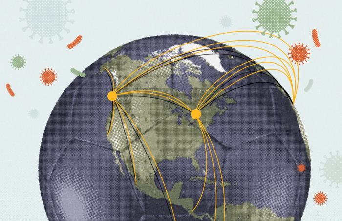 A photo illustration of a soccer ball with the continent of North America on it and flight paths spreading from markers denoting Toronto and Vancouver for a piece on the Canadian AI company Bluedot and how it is using AI to monitor infectious disease threats during the World Cup 2026