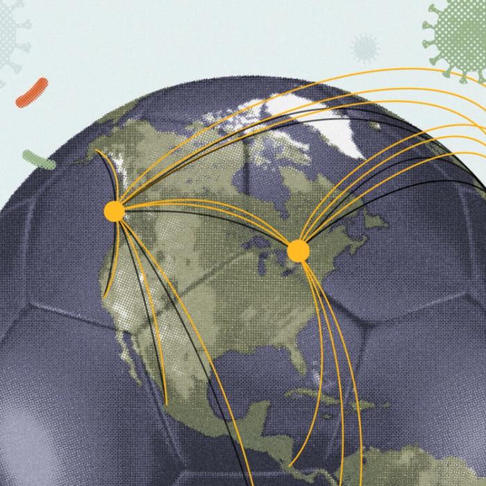 A photo illustration of a soccer ball with the continent of North America on it and flight paths spreading from markers denoting Toronto and Vancouver for a piece on the Canadian AI company Bluedot and how it is using AI to monitor infectious disease threats during the World Cup 2026