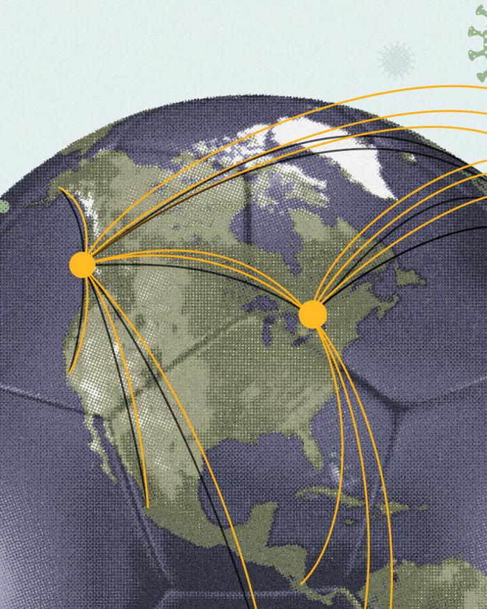 A photo illustration of a soccer ball with the continent of North America on it and flight paths spreading from markers denoting Toronto and Vancouver for a piece on the Canadian AI company Bluedot and how it is using AI to monitor infectious disease threats during the World Cup 2026