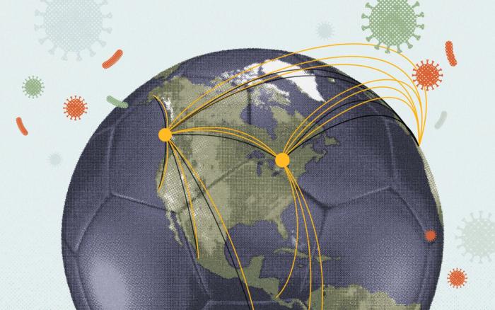 A photo illustration of a soccer ball with the continent of North America on it and flight paths spreading from markers denoting Toronto and Vancouver for a piece on the Canadian AI company Bluedot and how it is using AI to monitor infectious disease threats during the World Cup 2026