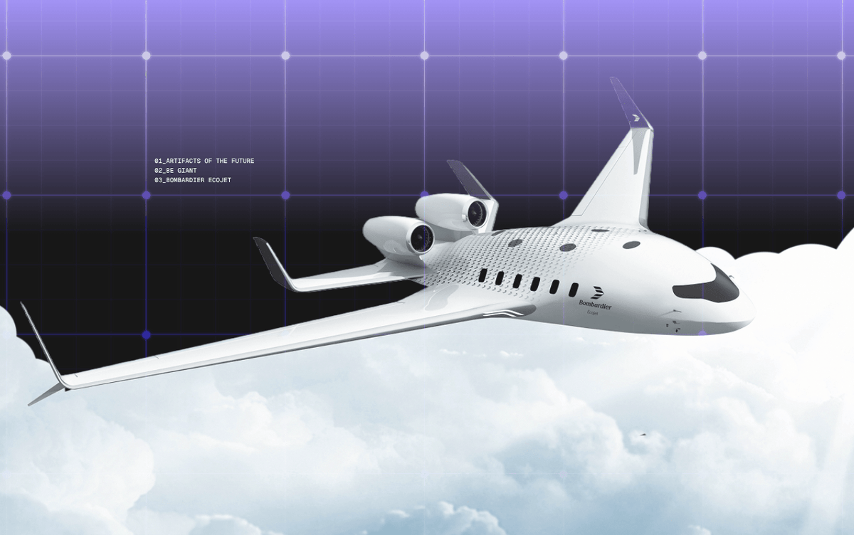 A white Bombardier concept airplane with unique engines flies above clouds against a futuristic purple grid.