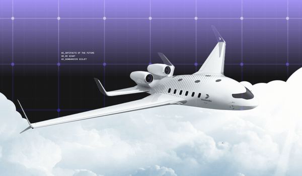 A white Bombardier concept airplane with unique engines flies above clouds against a futuristic purple grid.