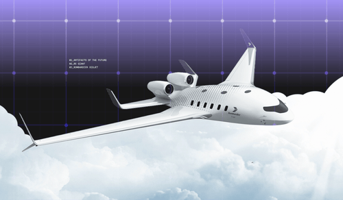 A white Bombardier concept airplane with unique engines flies above clouds against a futuristic purple grid.
