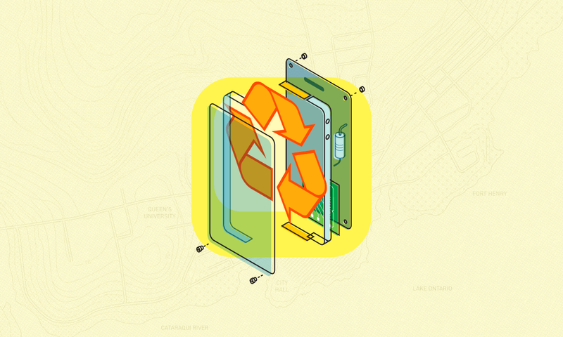 A yellow square containing a deconstructed smartphone and a recycling symbol with a map of Kingston, Ont. in the background