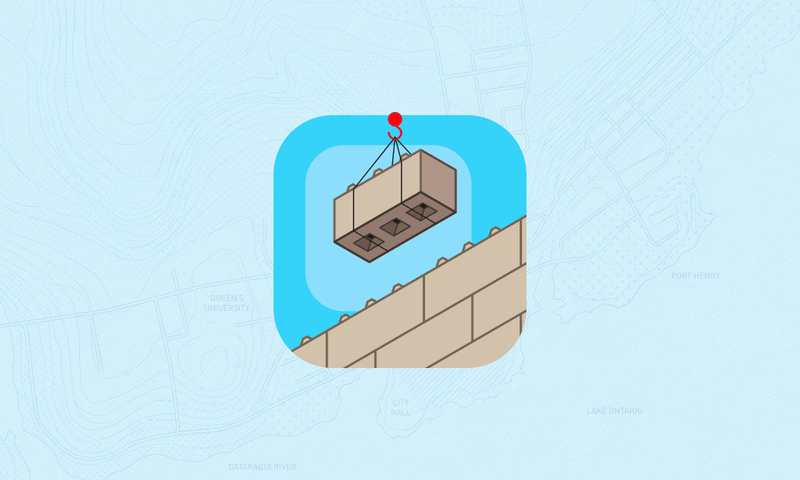A blue square with a grey brick that looks like a LEGO brick with a map of Kingston Ontario in the background