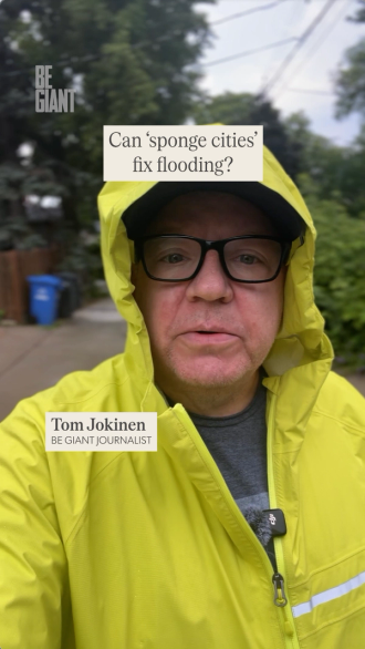 Tom Jokinen wearing yellow raincoat, title card 'Can sponge cities fix flooding?'
