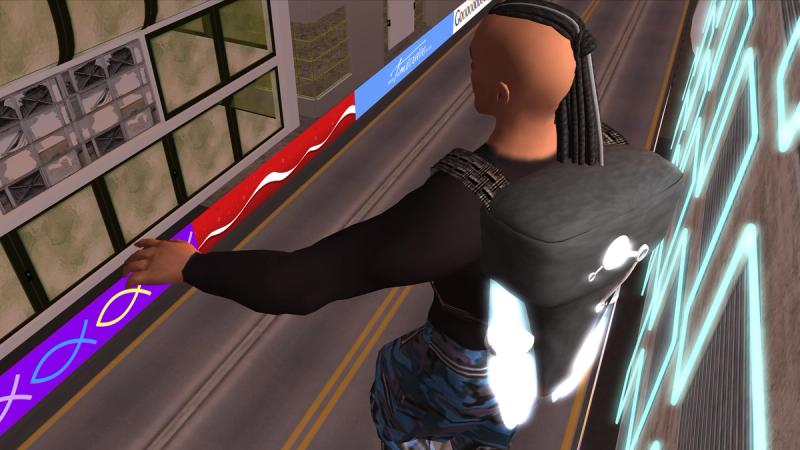 A production still from the machinima TimeTraveller™, titled "Stepping Out"
2010, cyberspace/AbTeC Island