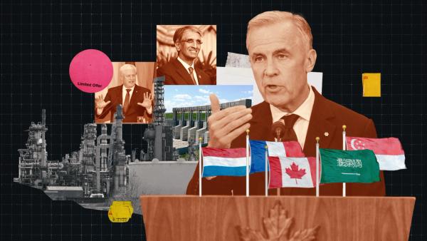 A photo illustration of Mark Carney, the Canadian flag and other important players in the Canada Investment Summit