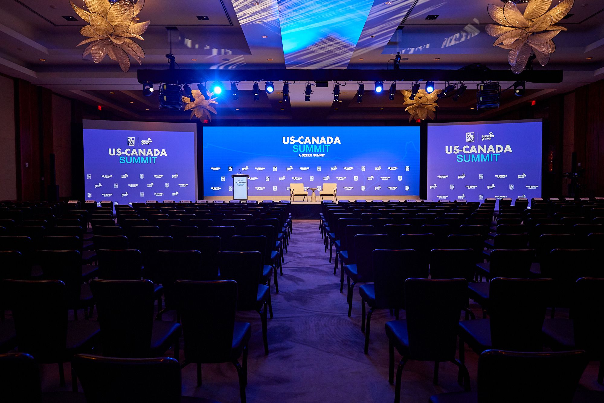 A photo of the main stage at the US-Canada Summit, hosted by The Royal Bank of Canada and Eurasia Group