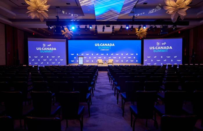 A photo of the main stage at the US-Canada Summit, hosted by The Royal Bank of Canada and Eurasia Group