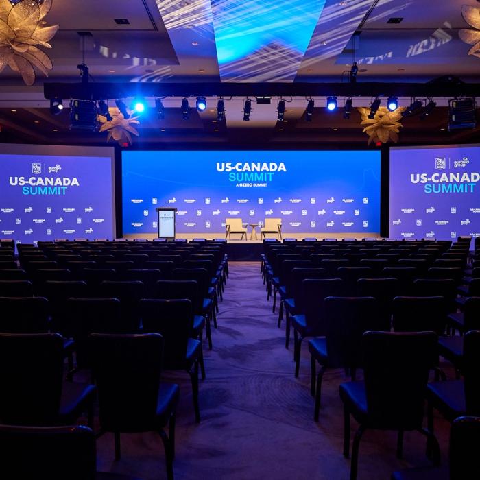 A photo of the main stage at the US-Canada Summit, hosted by The Royal Bank of Canada and Eurasia Group