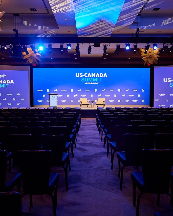 A photo of the main stage at the US-Canada Summit, hosted by The Royal Bank of Canada and Eurasia Group