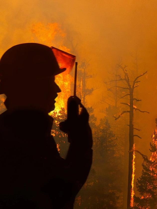 A silhouette of a firefighter standing in front of a burning, smoke-filled forest. The firefighter is talking into their walkie-talkie