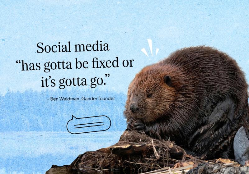 A brown beaver on a blue background and on its left is a quote from Ben Waldman, founder of Gander