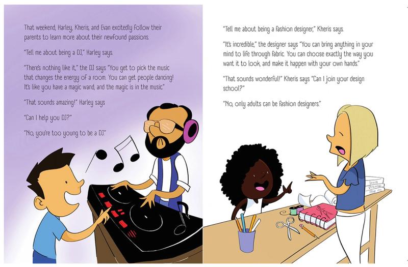 A double page spread from Harley Finkelstein's children's book We Can Be Entrepreneurs, showing a boy talking to a DJ and a girl talking to a fashion designer