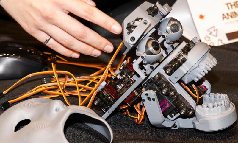 A close up of a working replica of the Adjutant, a robot from StarCraft II, at the 2026 Socratica Symposium