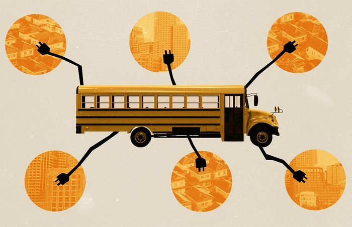 Collage style photo illustration of a yellow school bus with 6 black electric plugs coming out of it, overlapping with orange circles with images of buildings and houses inside