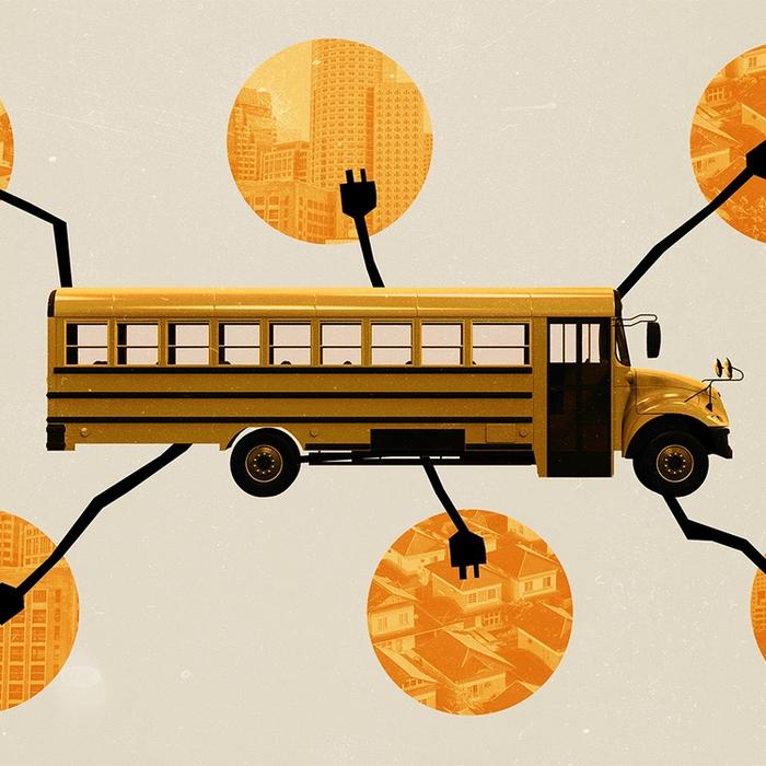 Collage style photo illustration of a yellow school bus with 6 black electric plugs coming out of it, overlapping with orange circles with images of buildings and houses inside