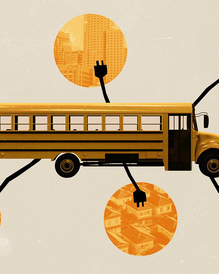 Collage style photo illustration of a yellow school bus with 6 black electric plugs coming out of it, overlapping with orange circles with images of buildings and houses inside
