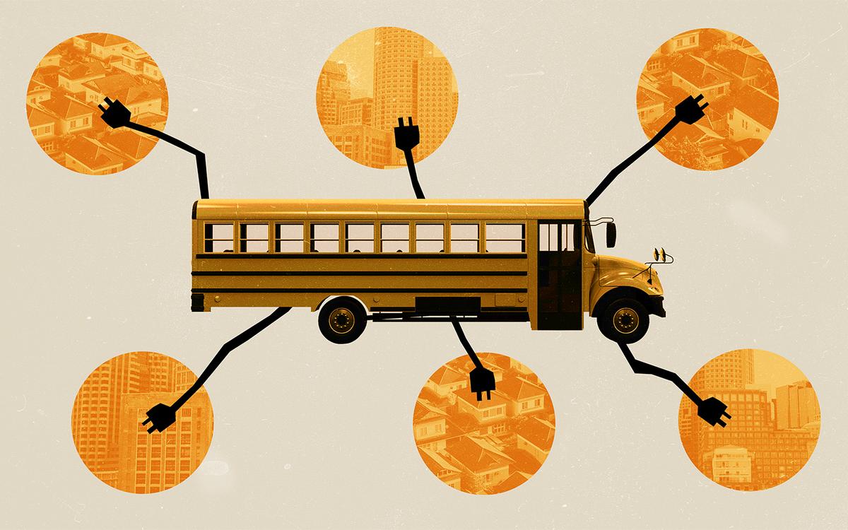 Collage style photo illustration of a yellow school bus with 6 black electric plugs coming out of it, overlapping with orange circles with images of buildings and houses inside