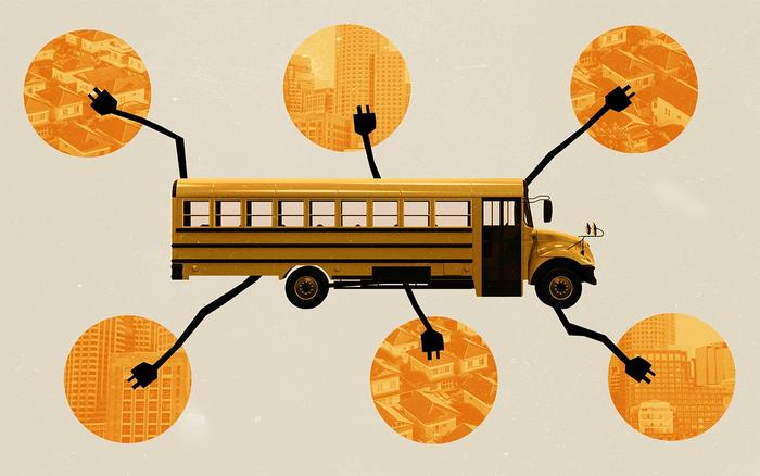 Collage style photo illustration of a yellow school bus with 6 black electric plugs coming out of it, overlapping with orange circles with images of buildings and houses inside