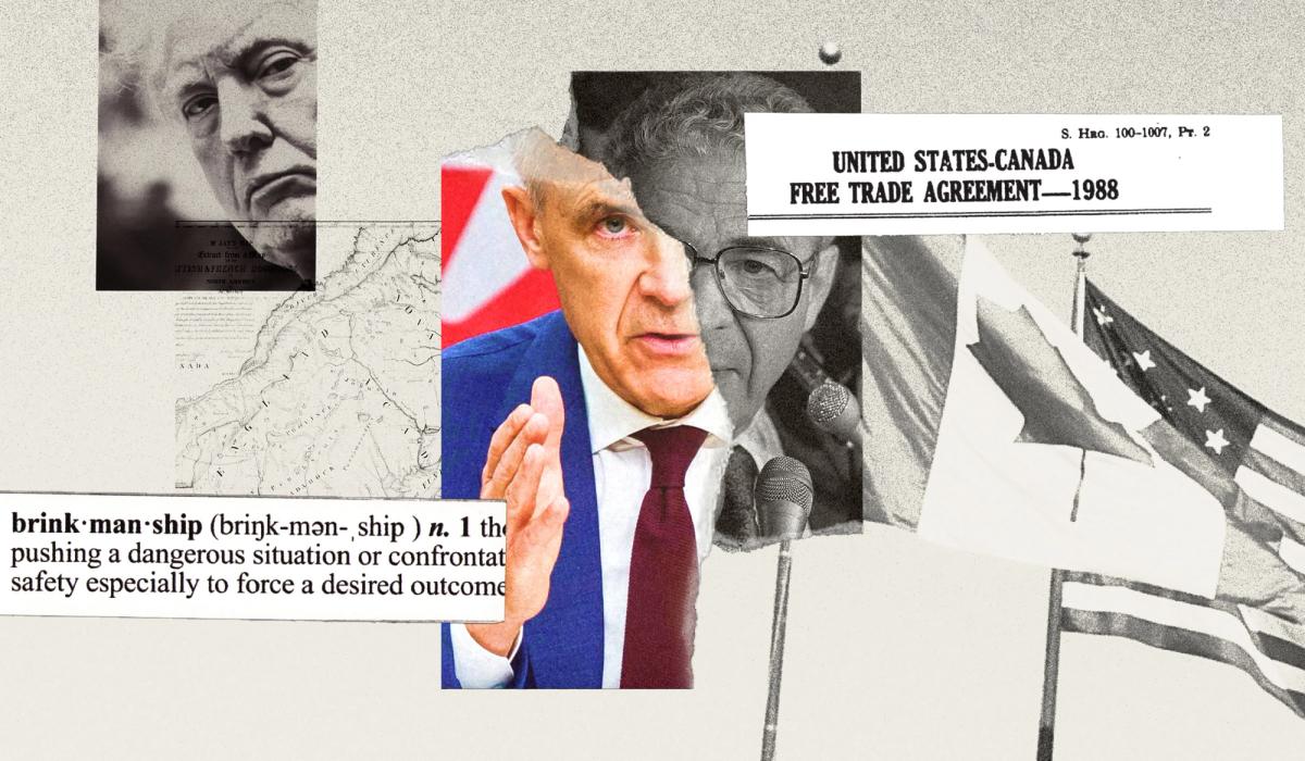 A collage-style photo illustration showing Donald Trump, Mark Carney and Simon Reisman. Canadian flag and a U.S. flag are in the corner. Brinkmanship definition and a headline reading 'United States-Canada Free Trade Agreement - 1988' in the top right corner.