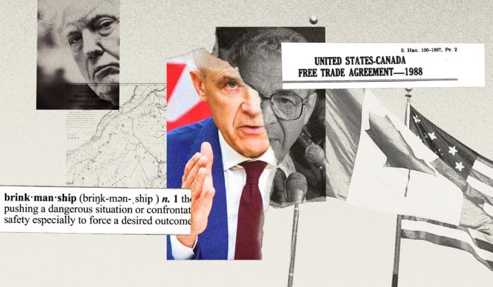 A collage-style photo illustration showing Donald Trump, Mark Carney and Simon Reisman. Canadian flag and a U.S. flag are in the corner. Brinkmanship definition and a headline reading 'United States-Canada Free Trade Agreement - 1988' in the top right corner. 