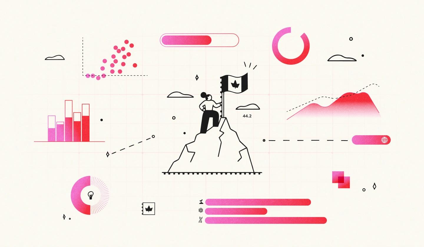 An illustration showing a woman with a bun planting a Canadian flag on the top of a mountain and a series of graphics around it to represent Be Giant's Upstart Index 2026 poll of Canadian entrepreneurs