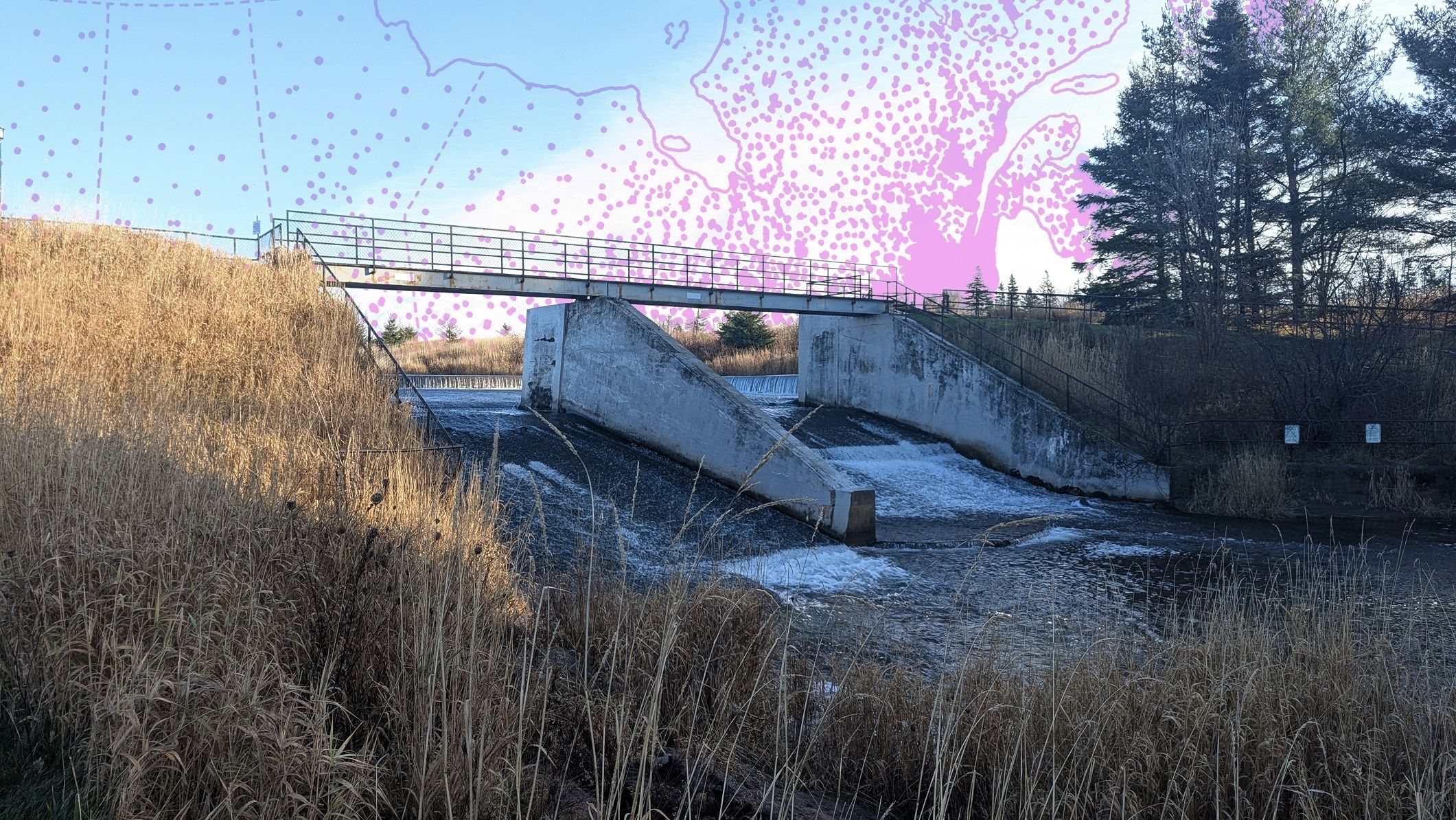 The Scales Pond Dam near Kinkora, P.E.I., where Aslan Renewables is piloting its generator. Aslan’s Ikea-like prefab power plant could work at any of the 63,000 unused dams scattered across Canada; a map of the unused hydro power sites is scattered across the sky in a photo illustration behind.