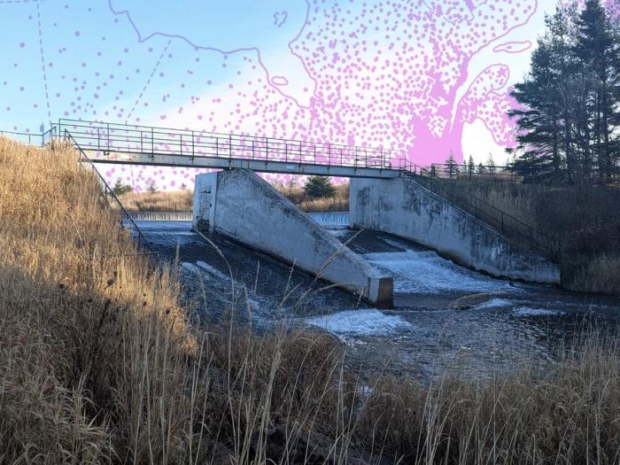 The Scales Pond Dam near Kinkora, P.E.I., where Aslan Renewables is piloting its generator. Aslan’s Ikea-like prefab power plant could work at any of the 63,000 unused dams scattered across Canada; a map of the unused hydro power sites is scattered across the sky in a photo illustration behind.