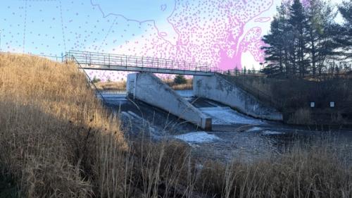 The Scales Pond Dam near Kinkora, P.E.I., where Aslan Renewables is piloting its generator. Aslan’s Ikea-like prefab power plant could work at any of the 63,000 unused dams scattered across Canada; a map of the unused hydro power sites is scattered across the sky in a photo illustration behind.