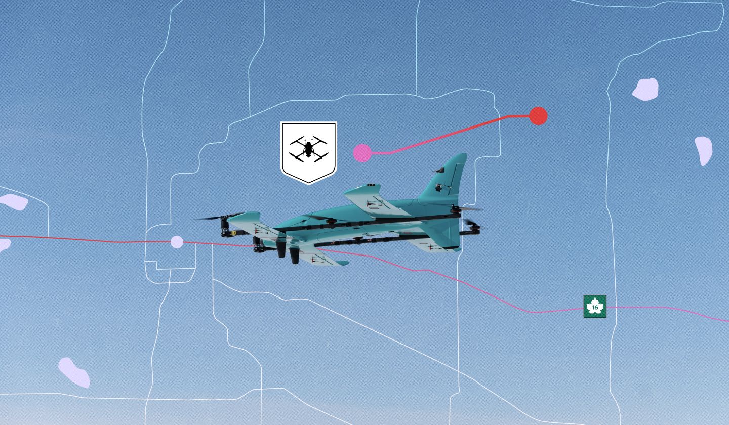A photo illustration of an electric ARACE Phoenix drone with a drone logo laid over an illustration of a map for a long read about a drone corridor in Alberta