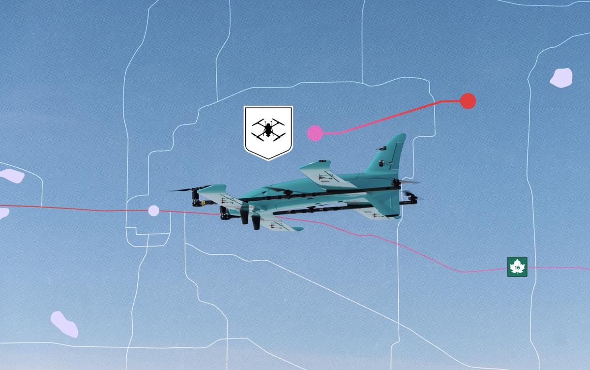 A photo illustration of an electric ARACE Phoenix drone with a drone logo laid over an illustration of a map for a long read about a drone corridor in Alberta