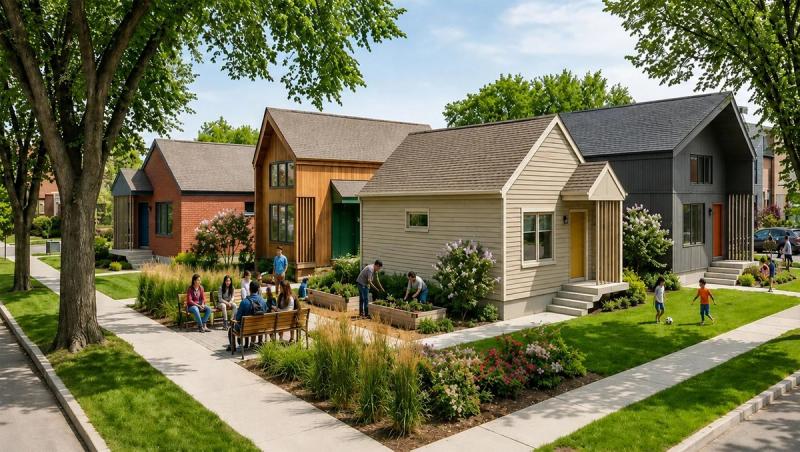 A digital rendering of houses in a lot
