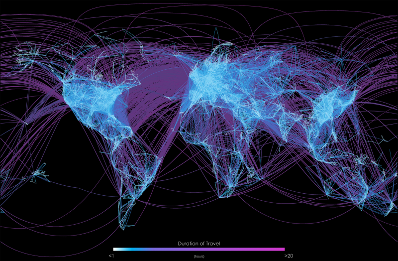 Global travel patterns visualized, revealing both the planet’s physical geography and its social and economic connections through human movement.