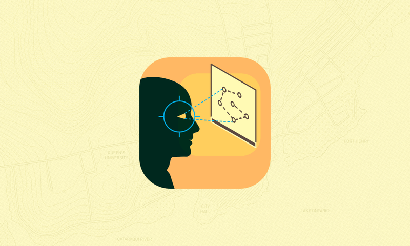 An orange square containing an illustrated silhouette of a person looking at a screen
