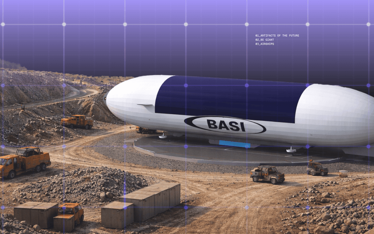 A BASI branded airship on a purple futuristic background