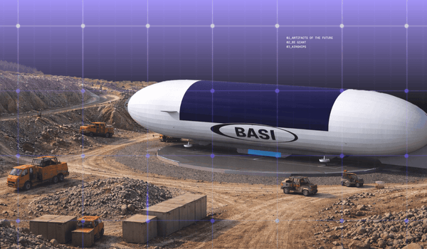 A BASI branded airship on a purple futuristic background