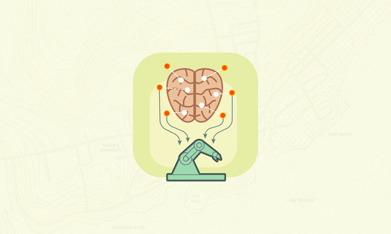 A green square containing a robotic arm and a brain illustration on top of a map of Kingston Ont., to illustrate an interactive robot to study the brain