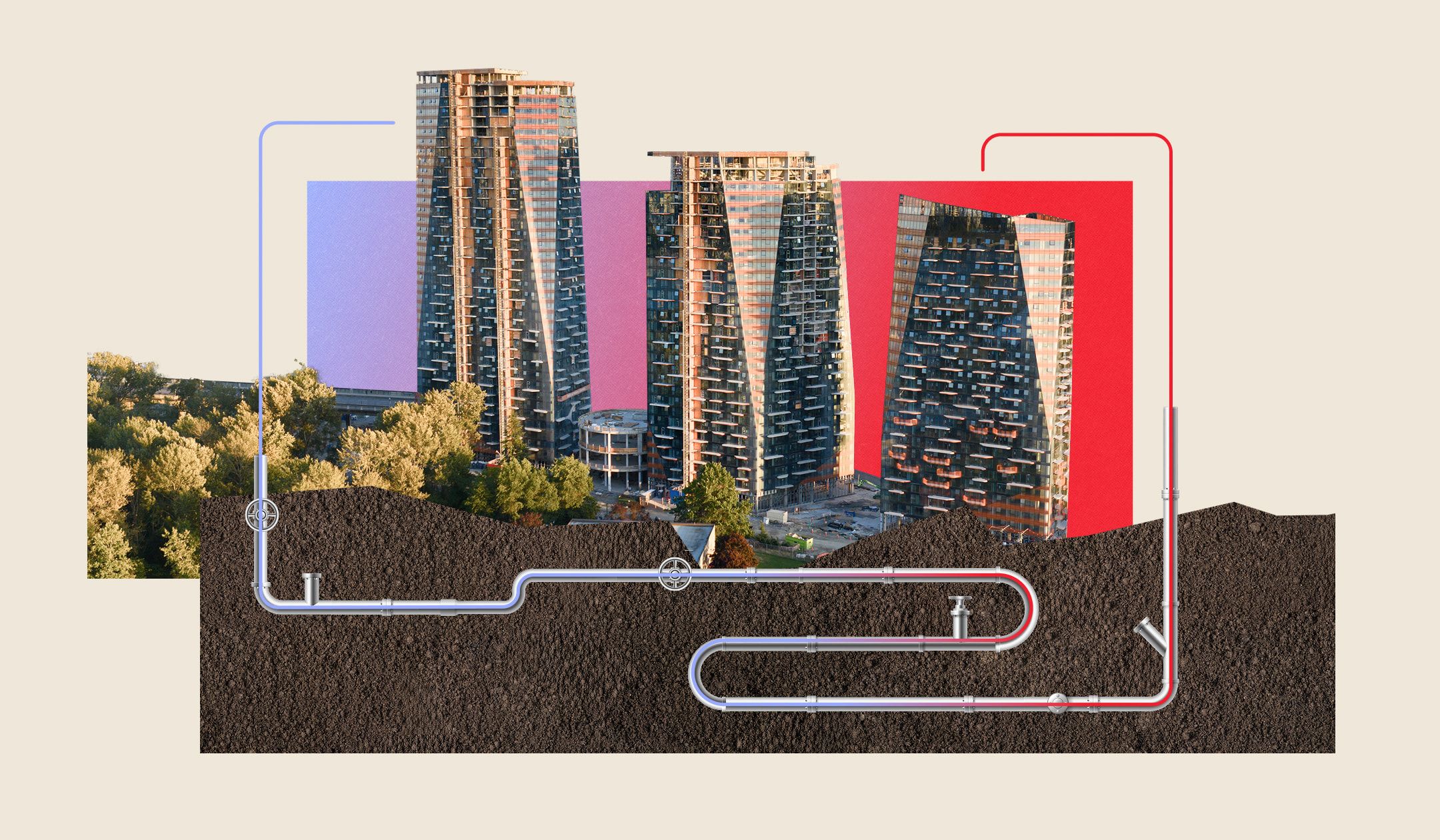 Photo illustration of the Sen̓áḵw towers in downtown Vancouver rising above an underground cross-section of pipes representing the development's sewage heat-recovery system.