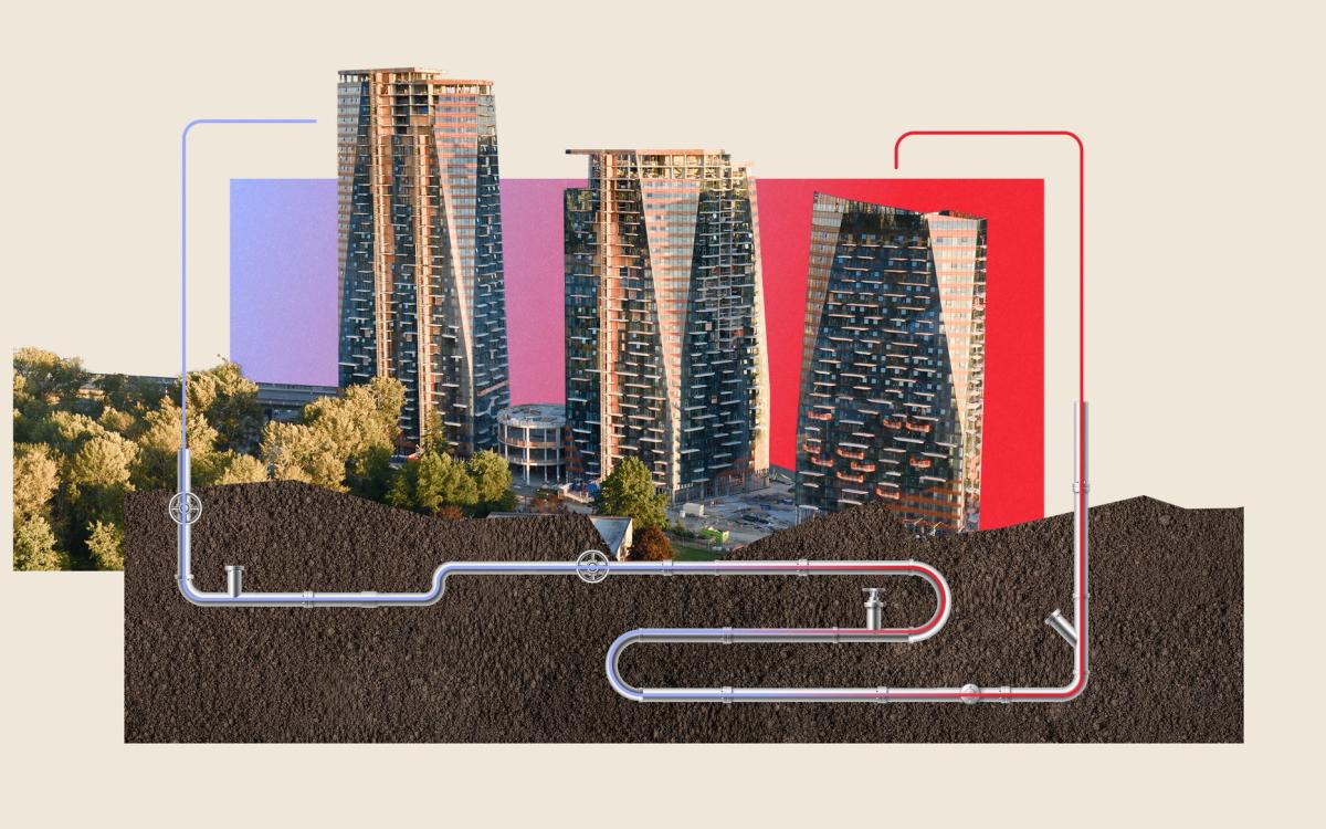Photo illustration of the Sen̓áḵw towers in downtown Vancouver rising above an underground cross-section of pipes representing the development's sewage heat-recovery system.