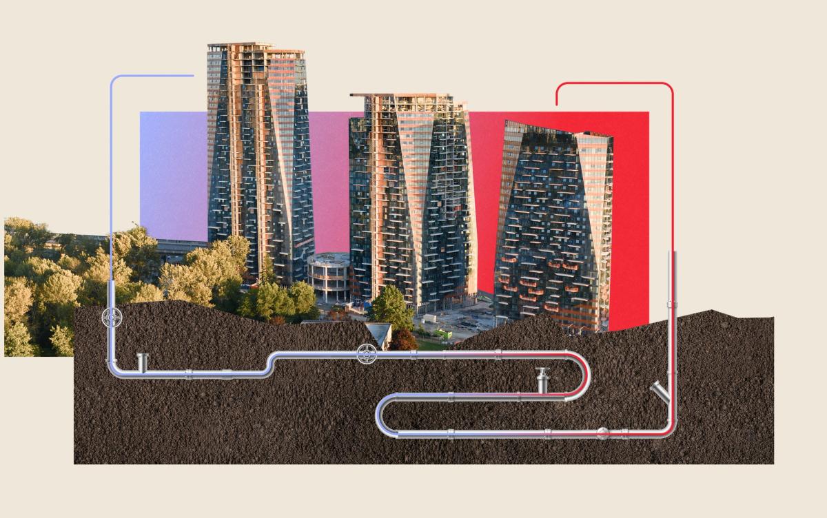 Photo illustration of the Sen̓áḵw towers in downtown Vancouver rising above an underground cross-section of pipes representing the development's sewage heat-recovery system.