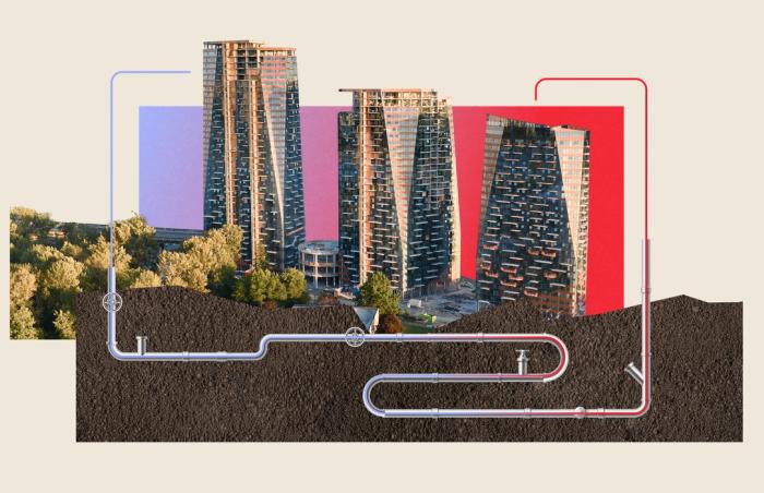 Photo illustration of the Sen̓áḵw towers in downtown Vancouver rising above an underground cross-section of pipes representing the development's sewage heat-recovery system.