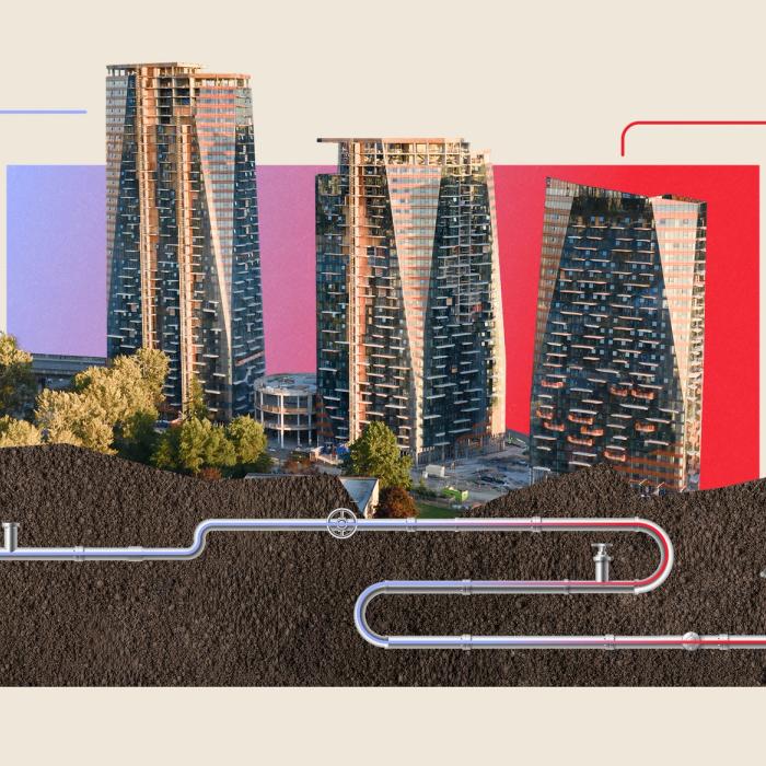 Photo illustration of the Sen̓áḵw towers in downtown Vancouver rising above an underground cross-section of pipes representing the development's sewage heat-recovery system.
