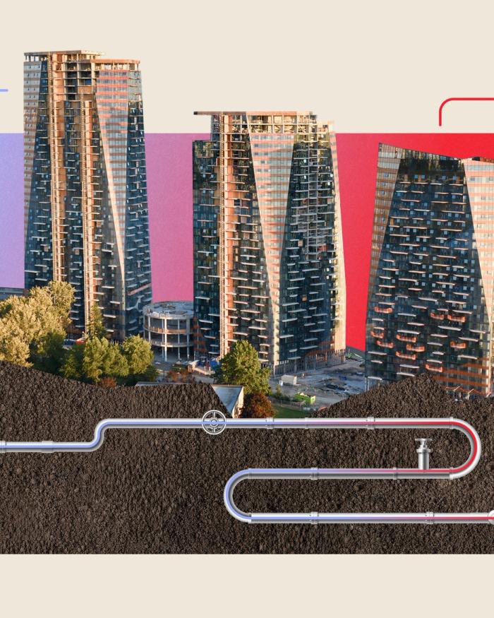 Photo illustration of the Sen̓áḵw towers in downtown Vancouver rising above an underground cross-section of pipes representing the development's sewage heat-recovery system.