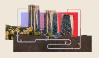 Photo illustration of the Sen̓áḵw towers in downtown Vancouver rising above an underground cross-section of pipes representing the development's sewage heat-recovery system.