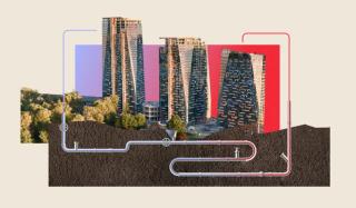 Photo illustration of the Sen̓áḵw towers in downtown Vancouver rising above an underground cross-section of pipes representing the development's sewage heat-recovery system.