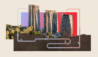 Photo illustration of the Sen̓áḵw towers in downtown Vancouver rising above an underground cross-section of pipes representing the development's sewage heat-recovery system.